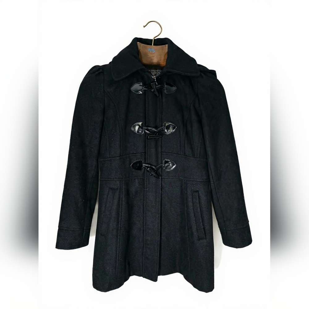 Guess Vtg Black Wool Pea‎ Coat Streetwear patent Leather Toggles